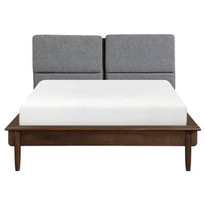 Walnut - Finished Mid Century Eastern King Platform Bed, Textured Upholstery On Headboard, Simple Setup, All Parts, No Box Spring Size Veneer Finish, Fabric Foundation, Easy Assembly