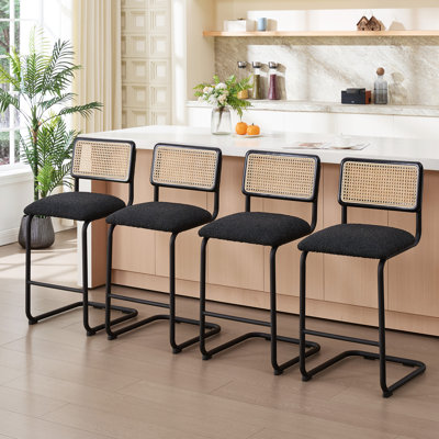 Ambrine Upholstered Boucle Counter & Bar Stool with Cane Rattan Back