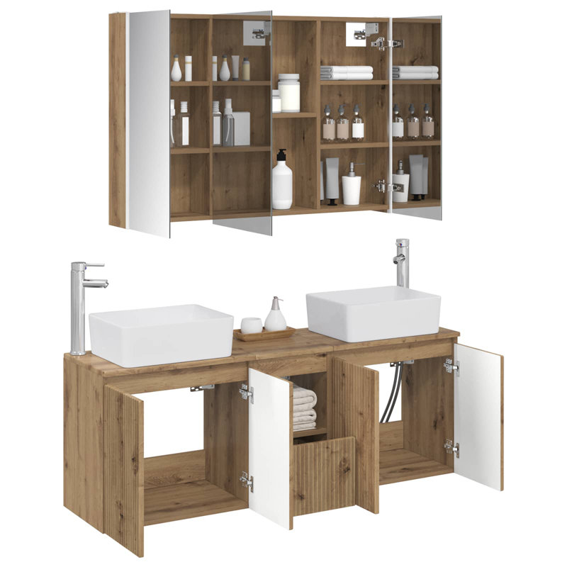 Vanity & Mirror Set, Light Medium Wood