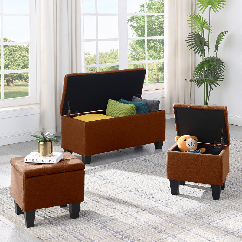 Deiara 3 Pieces Fabric Upholstered Storage Ottoman, Brown Linen