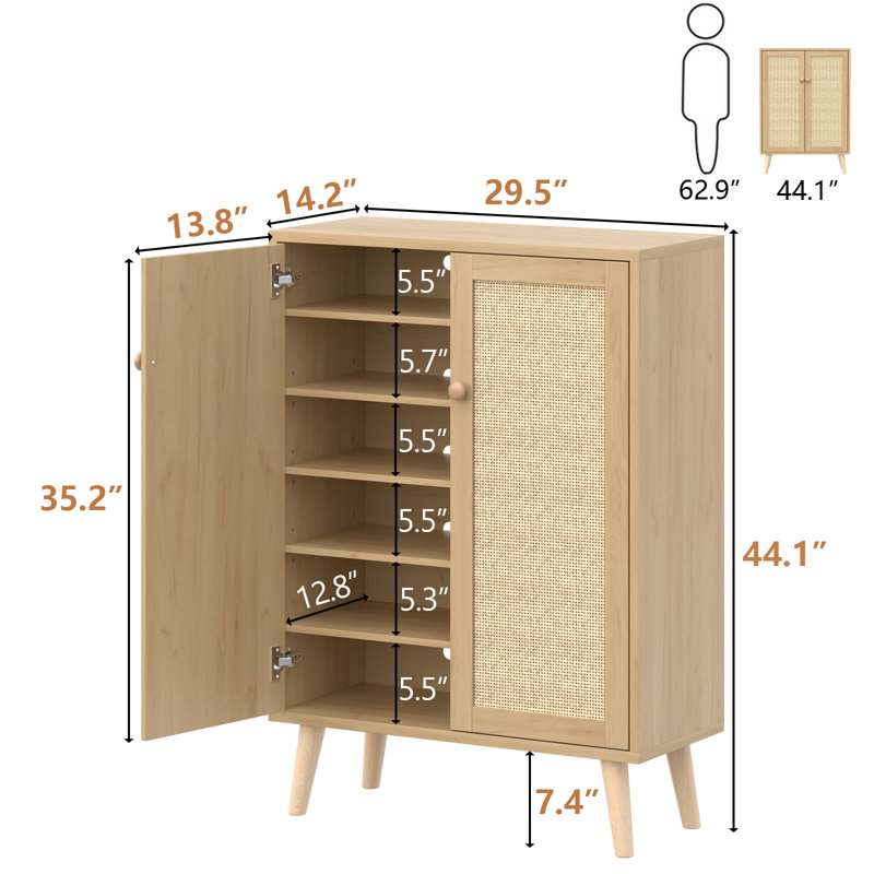 6-tiers Rattan Shoe Cabinet,  Shoe Storage Cabinet For Entryway Hallway, 2 Door Accent Cabinet With Adjustable Shelves