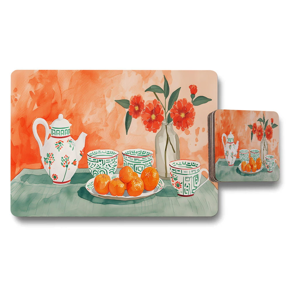 Watercolor Floral Teapot and Orange Fruit Placemat and Coaster Set