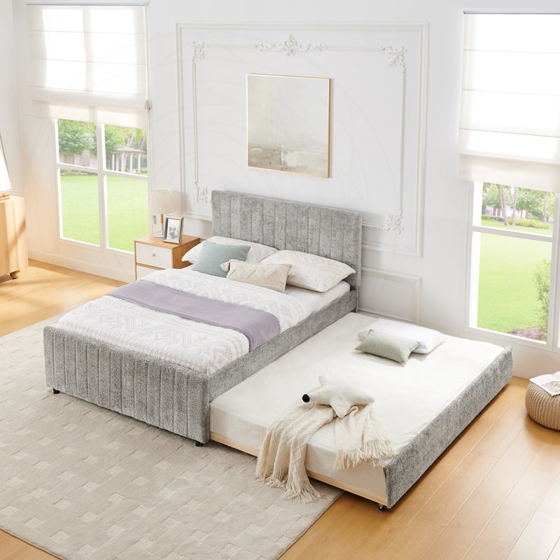 Lit double tapissier avec lit gigogne escamotable, Grey, Double