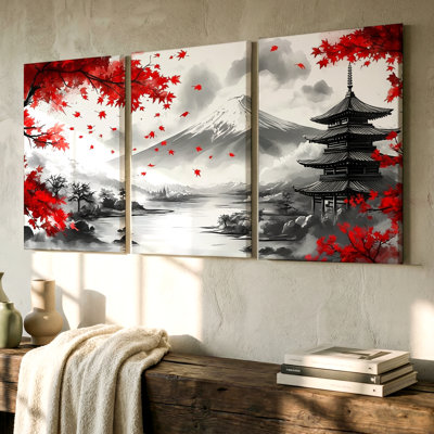 3 Pieces Serene Japanese Landscape Large Wall Art with Pagoda, Three Pieces Wall Art for Living Room, Bedroom, Office, and Home Decor, Ready to Hang