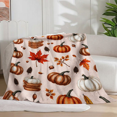 1Pc Pumpkin Maple Leaf Flannel Blanket Cozy Soft Whimsical, Autumn Decor, Fall Leaves, Perfect For Sofa/Bed, 40*50