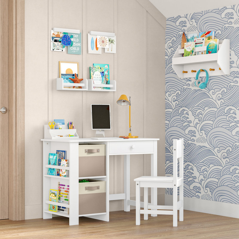 RiverRidge Kids Desk and Chair Playroom Set with 2 Art Storage Cubbies and 2 Side Bookshelves - White