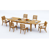 6 Seats 7 Pcs Grade-A Teak Wood Dining Set: 122" Caranas Double Extension Rectangle Table And 6 Arbor Stacking Chairs (2 Arm & 4 Armless Chairs) #11AB2902