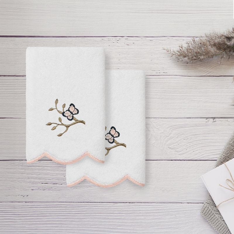 Ensemble de serviettes 100% coton Teresa, Blanc / Rose, Ensemble de 2 serviettes en bout de doigt