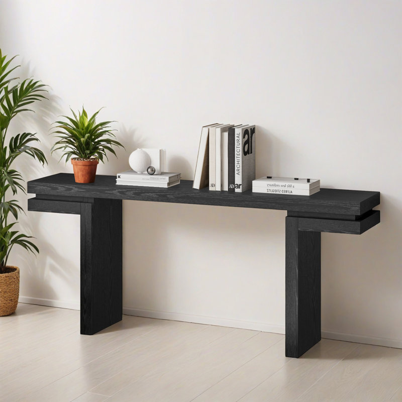 66.01" Wide Real Wood Veneered Console Table, Minimalist Sofa Side Table for Entryway, Hallway, Living Room, Black