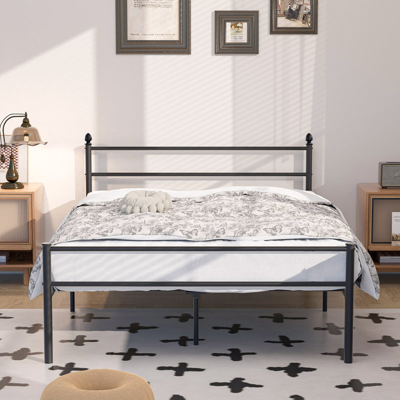 YT 28cm Metal Bed Frame with Headboard/ Steel Slat Support/Mattress Foundation, Double (4'6)