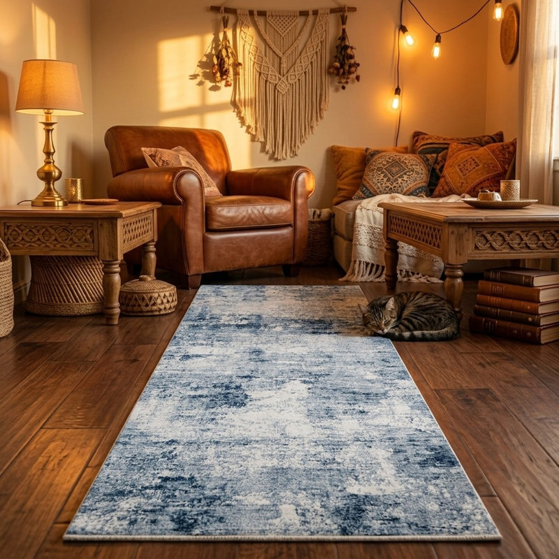 Tapis de couloir de cuisine Boho, Floral gris / bleu