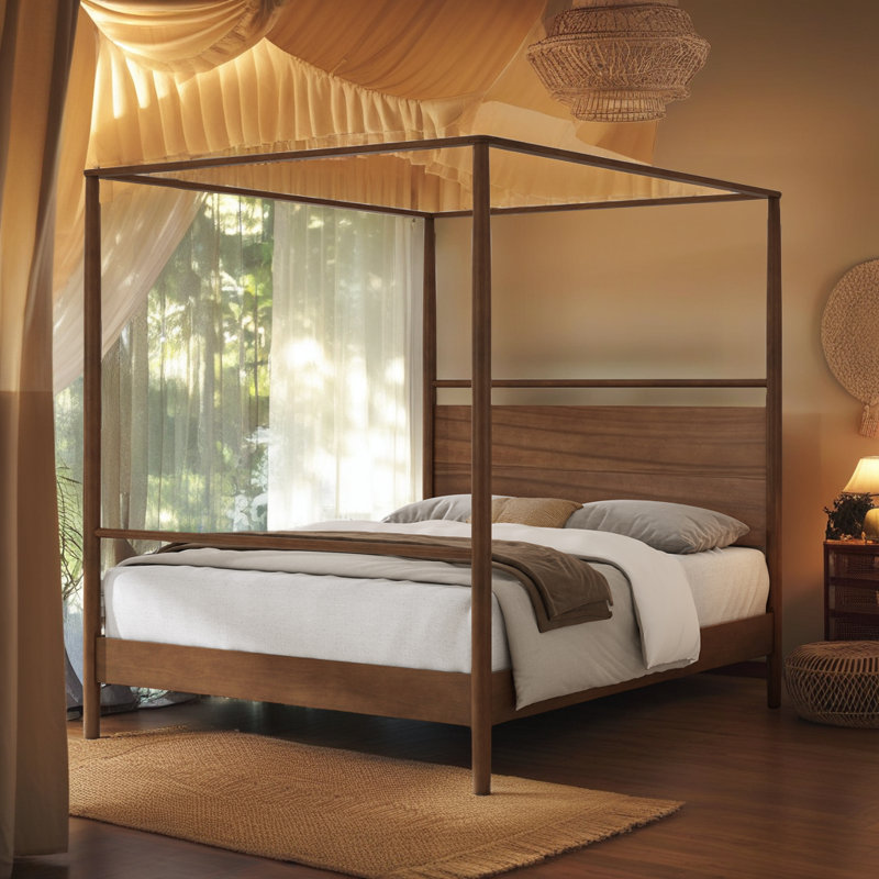 Mid-Century Modern Canopy Bed Frame - Solid Wood 4-Poster Design, Walnut Finish, No Box Spring Needed, Queen
