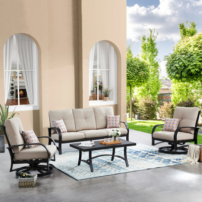 Ensemble de conversation pivotant extérieur / intérieur en aluminium 4 pièces Chamber avec coussins Sunbrella® et table basse pour 5 personnes