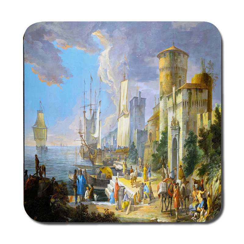 Harbor Scene Placemats and Coaster Set Featuring Vintage Ship Painting