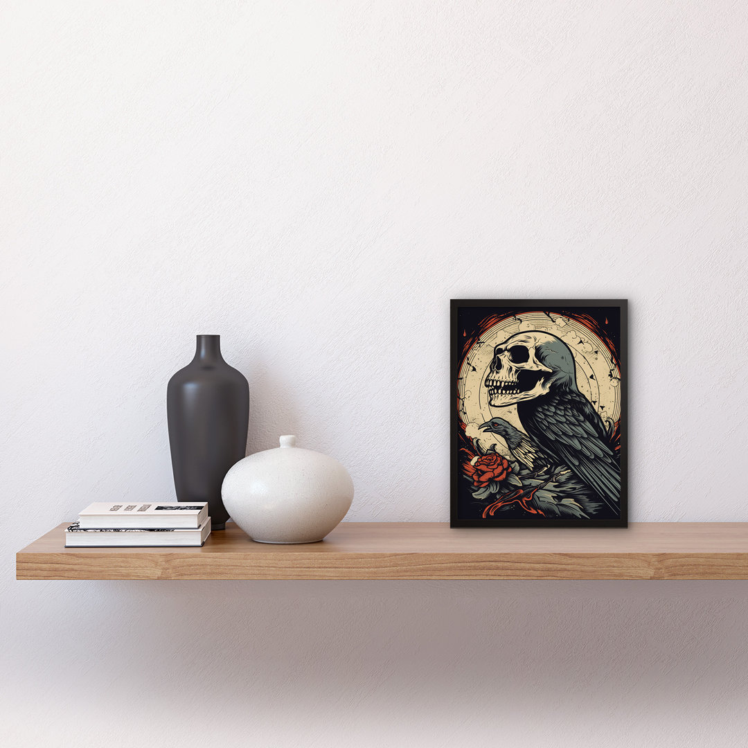 Aadishiv Raven Human Skull Old School USA Tattoo Ink Body Rockabilly Americana - Single Picture Frame Print