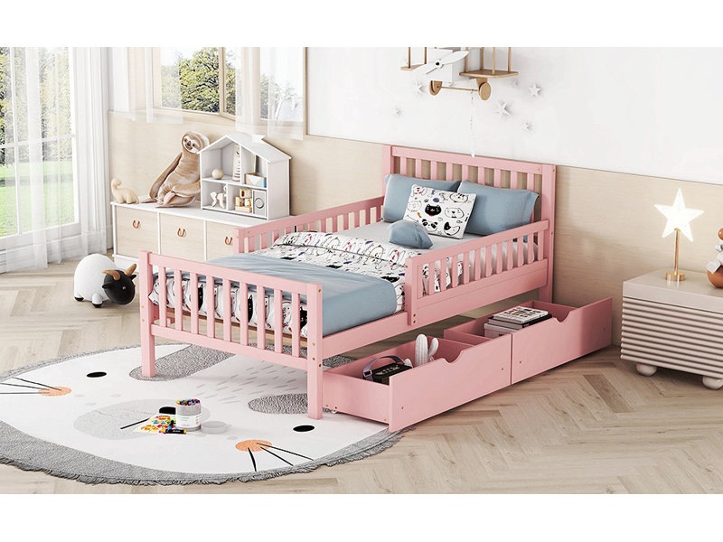 Lit plateforme en bois avec garde-corps des deux côtés et deux tiroirs de rangement, Lit simple, Rose