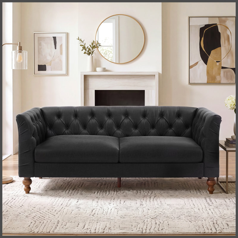 Canapé 73,5 po Chesterfield, Black Pine,Plywood,PU Leather,Rubber Wood, Noir