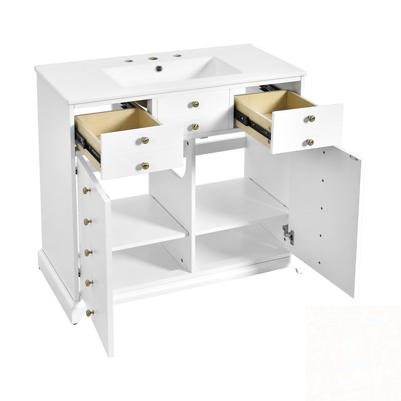 Meuble-lavabo de salle de bain avec lavabo supérieur, 2 tiroirs et portes à fermeture douce, Blanc