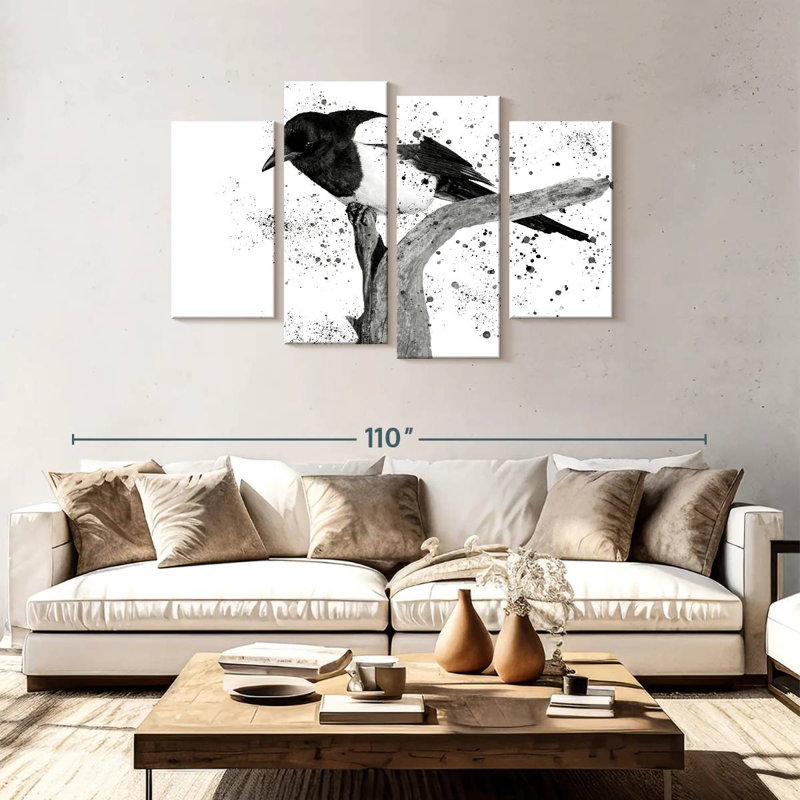 Oiseau noir et blanc Brampt, H 48 po x l 75 po