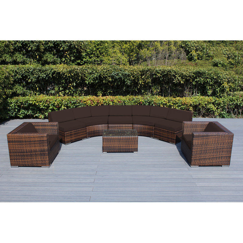 Billyjo Wicker 7 - Person Curved Seating Group with Cushions - No Assembly, Polyester Red, Mixed Brown
