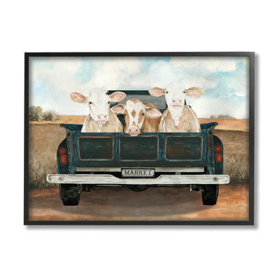 «Cows In Country Truck» encadré sur bois par Cindy Jacobs, impression