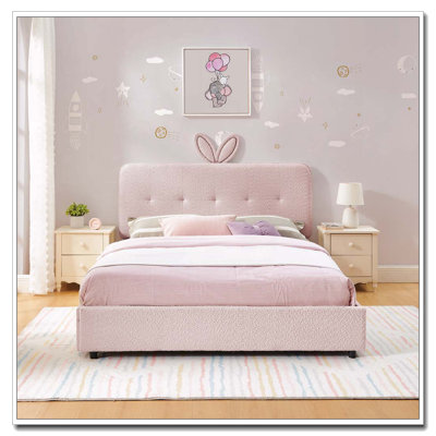 Upholstered Bed with Oversized Rabbit Ear Headboard, LED Light & 4 Storage Drawers