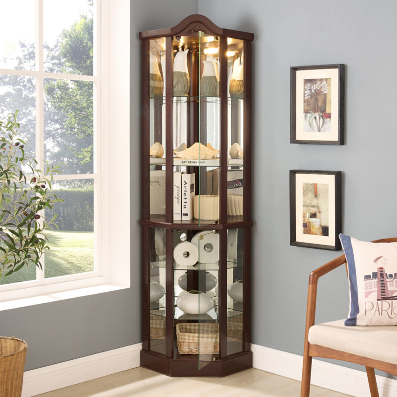 Vitrine d'angle vitrée lumineuse avec tablettes réglables, Cerisier