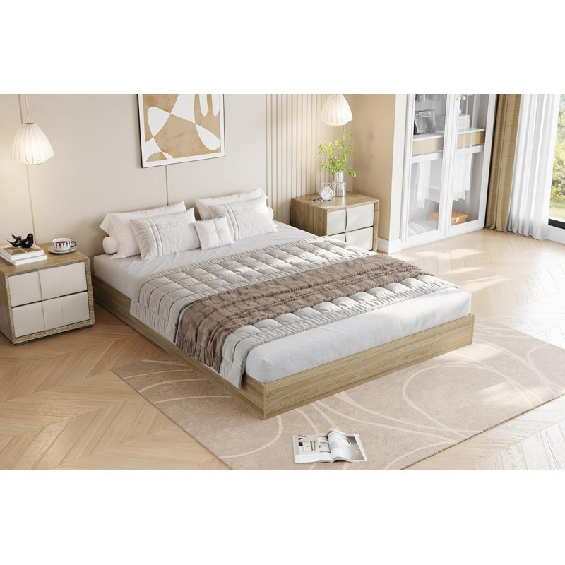 Wood Platform Bed Frame Queen Size Floor Standing Bed Frame, Manufactured Wood, Ivory, Queen