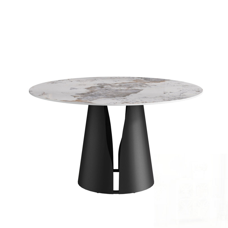 Table de salle à manger moderne en pierre artificielle avec base en acier au carbone, peut accueillir 6 personnes