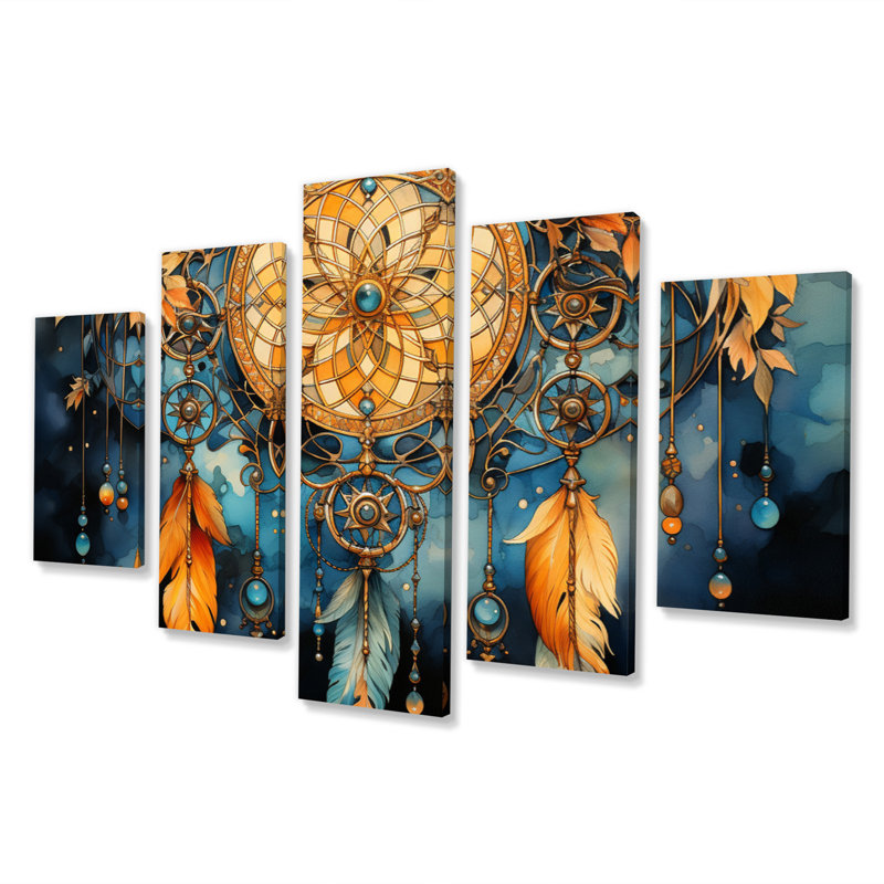 «Native Art Dreamcatchers Embrace I», reproduction d'art sur toile amérindienne - 5 panneaux