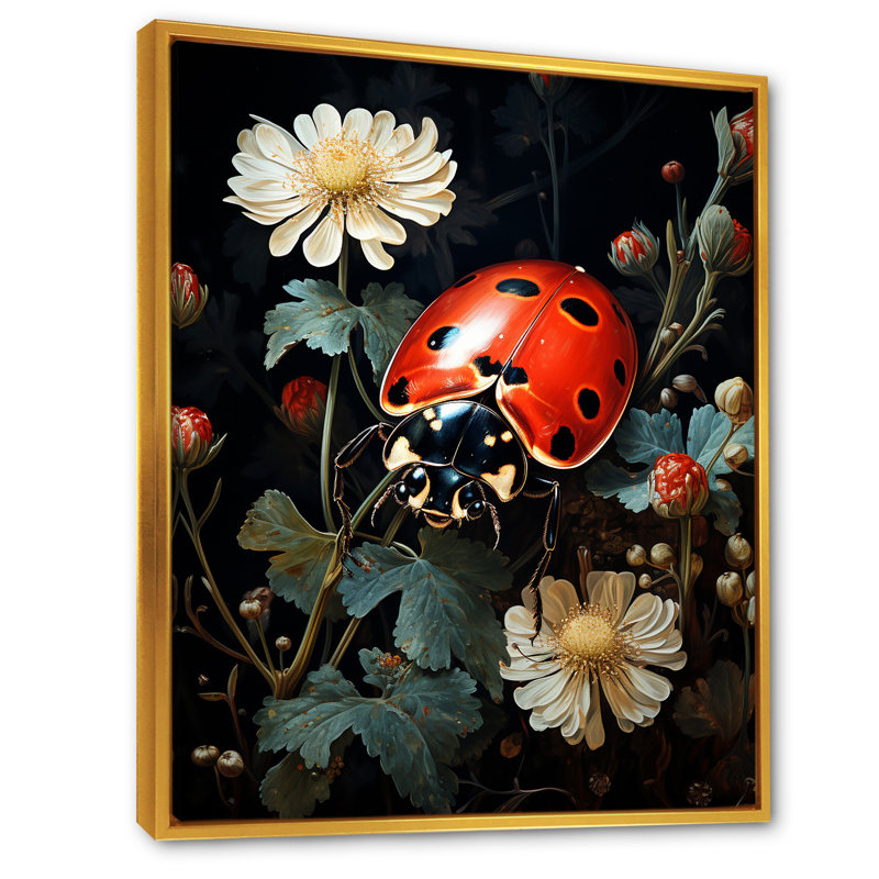 Coccinelle à motif floral sur toile, Cadre flottant doré, H 20 po x l 12 po x P 1 po