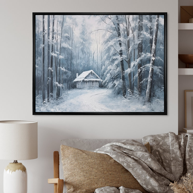 Cozy Snow Cabin I sur impression sur toile, H 16 po x l 32 po x P 1 po, Cadre flottant noir