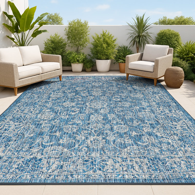 Tapis d'intérieur / extérieur bleu marine / gris Leonora, Rectangle 10 pi x 14 pi