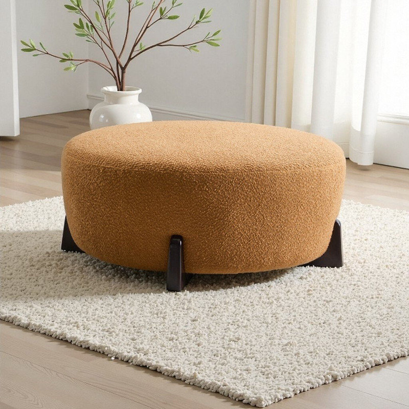 Round Ottoman With Boucle Upholstery And 4 Solid Wood Legs, Natural Wood,Pumpkin Orange