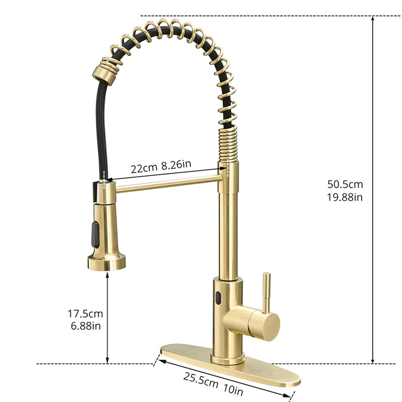 Hands Automatic Smart Faucet - Touchless With Modern Pull Down In Brushed Gold For Convenient Kitchen Use Stainless Steel 2-Inch Sensing Distance &