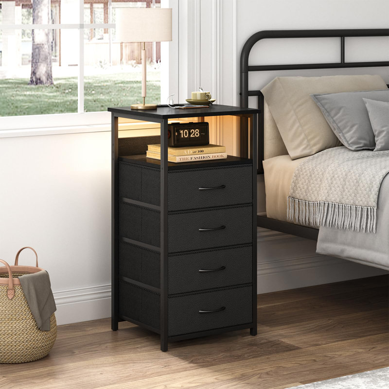 Nightstand with Charging Station Side Table 4 Storage Drawers, Black