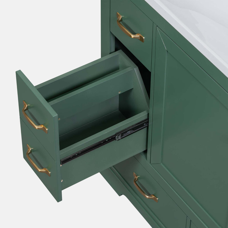 Green Solid Wood and MDF Freestanding Bathroom Vanity Base with Six Drawers