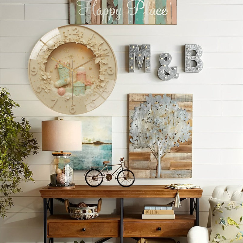Horloge-avec-bas-de-Noël-bougie-cadeaux - Horloge murale moderne en verre de 12 po