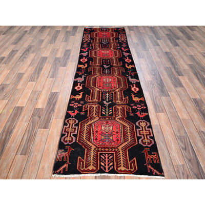 2'5"x8'10" Midnight Black, Vintage Northwest Persian with Birds Design, 100% Wool, Hand Knotted, Cropped Thin, Worn and Distressed, Sides and Ends Professionally Secured, Runner, Oriental Rug
