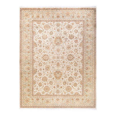 Tapis unique en laine noué à la main 9 pi 1 po x 12 pi 2 po nouvel âge Hayner en ivoire / brun / vert