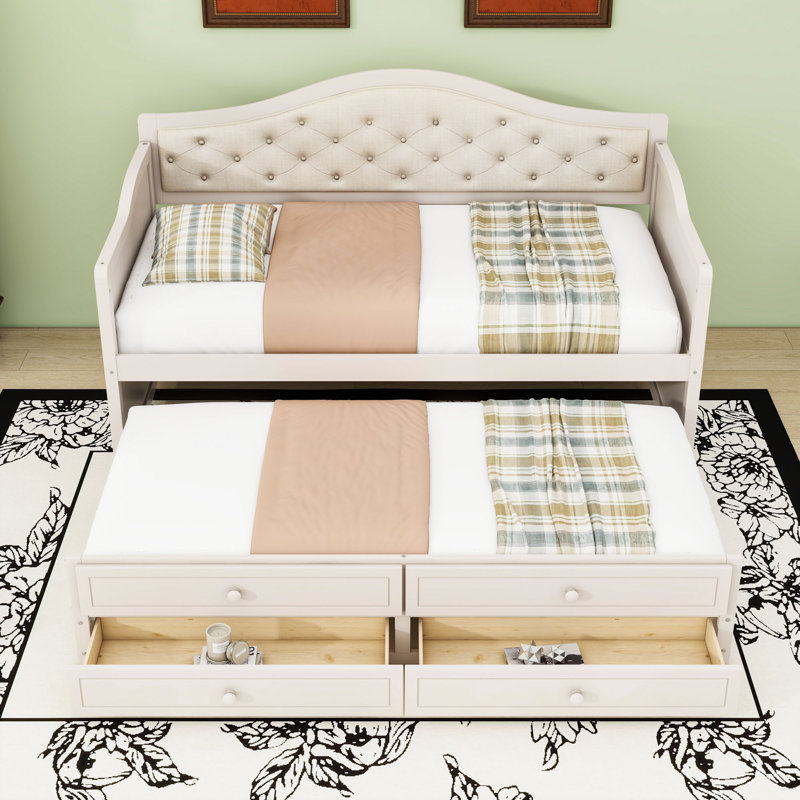 Twin Wooden Daybed with Trundle and 2 Drawers, Beige