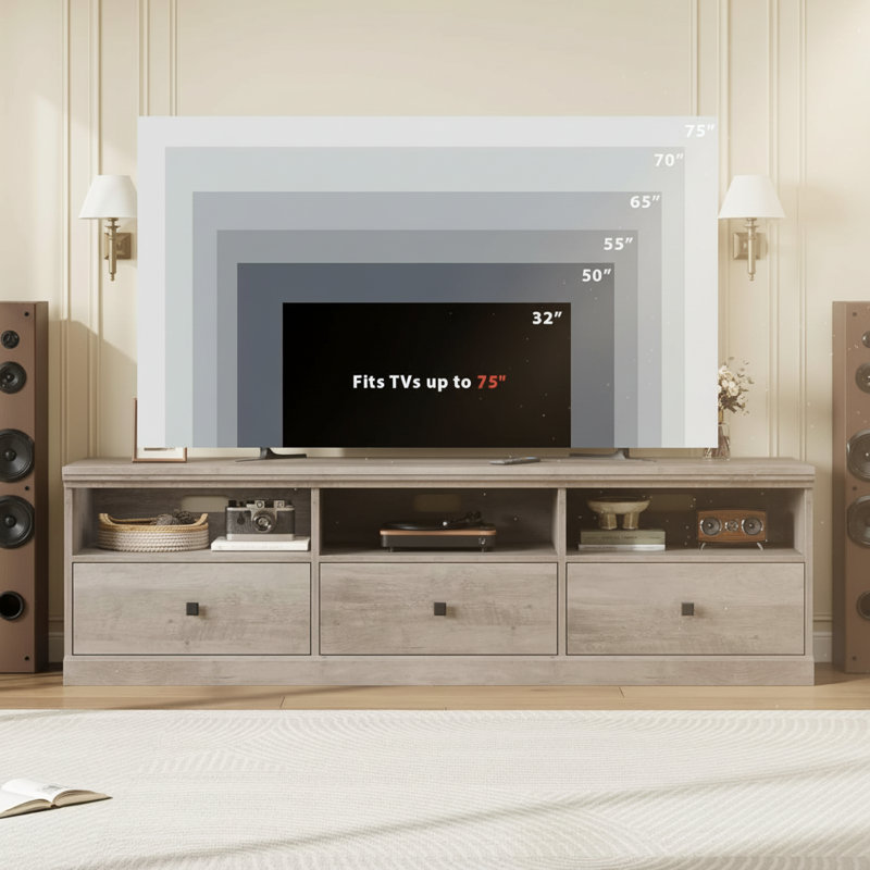 Console de télévision, avec tablettes ouvertes et tiroir de rangement, Gris