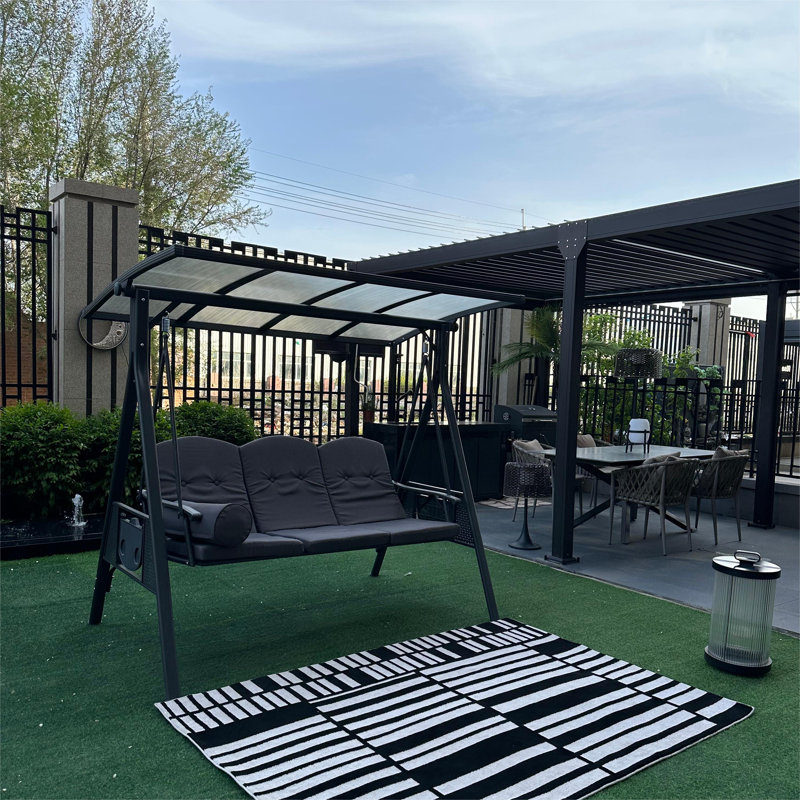 3-seat Large Porch Swing with Stand with Adjustable PVC Canopy and Cushions and Pillow Included, Black Frame/Gray Cushion