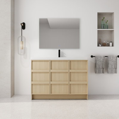 Meuble-lavabo autoportant 48 po avec lavabo en résine et 3 portes d'armoire à fermeture en douceur, contreplaqué, chêne Dune (KD-PACKING)