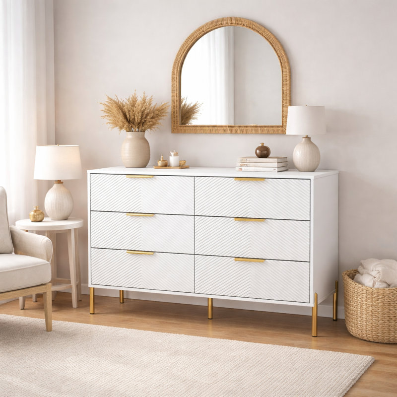 Commode double 47,2 po à 6 tiroirs, blanc, Blanc