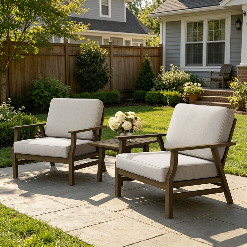 Shweta Solid Wood Outdoor Three Pieces Chair Conversation Seating Group With Cushions And Side Table, Brown, Light Camel