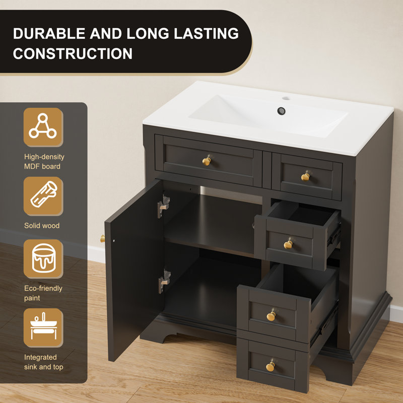 Ensemble de meuble-lavabo simple 30 po avec lavabo, robinet, peinture à la main écologique , assemblage requis, Noir