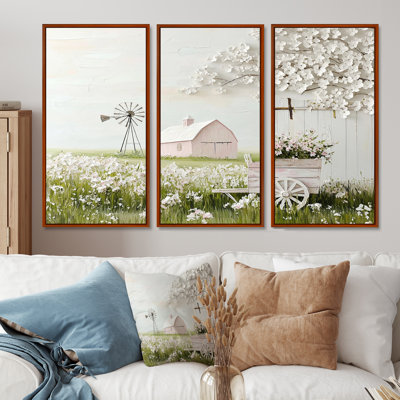 Paysage de ferme dans des tons de rose et de vert III - Ensemble de décoration murale de ferme