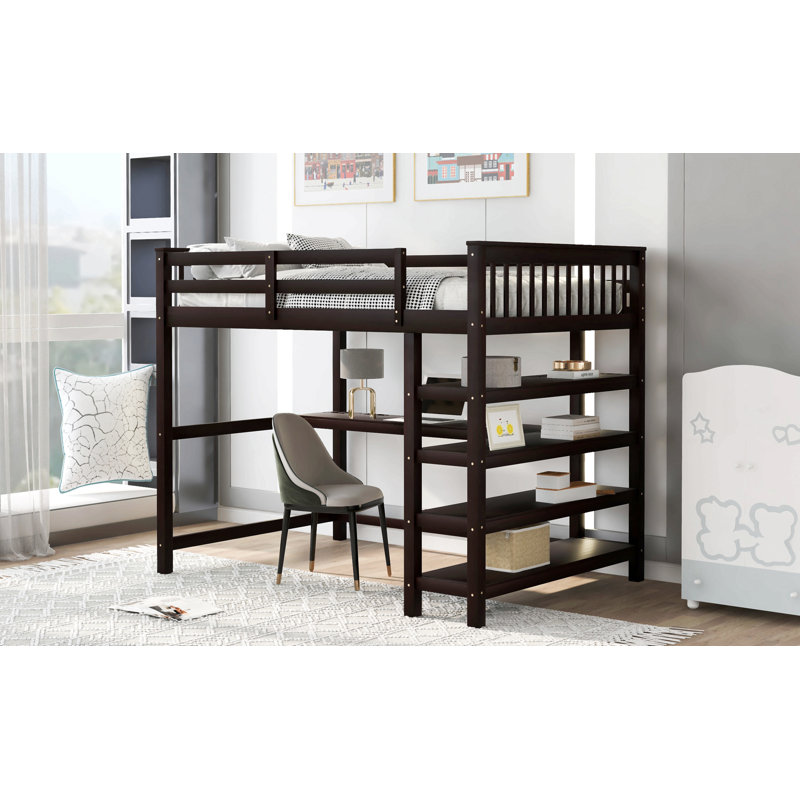 Lit mezzanine avec tablettes de rangement et bureau sous le lit, Lit double, Espresso