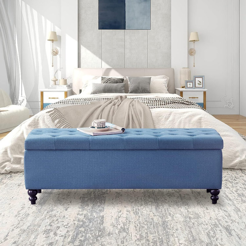 Brendalynn Upholstered Button Tufted Ottoman with Storage for Living Room, Blue Cotton Blend